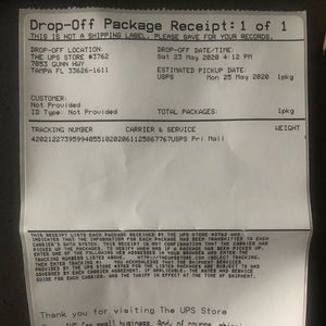 Tracking and drop off receipt
